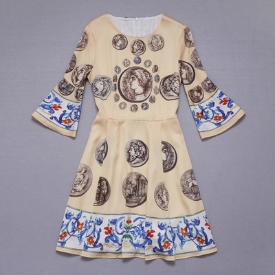 【2014深圳精品女裝古典巴洛克風格印花絲綢圓領收腰真絲連衣裙批發】價格,廠家,圖片,連衣裙,深圳市寶安區沙井歐秀服飾批發商行-